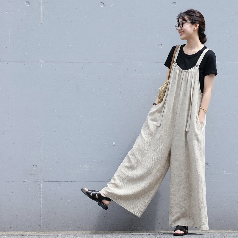 綿麻 ワイドシルエット サロペット M-4XL
