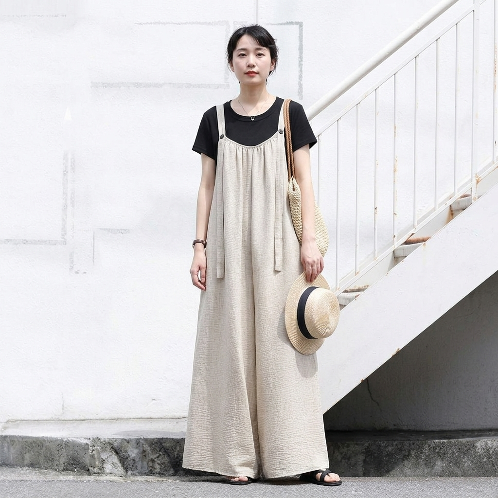 綿麻 ワイドシルエット サロペット M-4XL