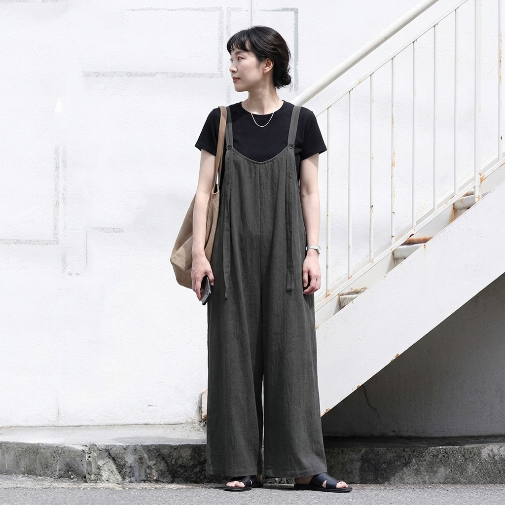 綿麻 ワイドシルエット サロペット M-4XL