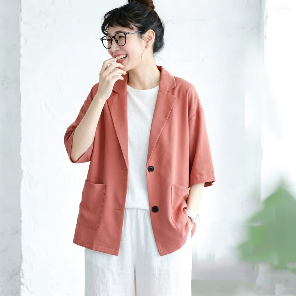 シフォン 無地 七分袖 ボタン スーツジャケット