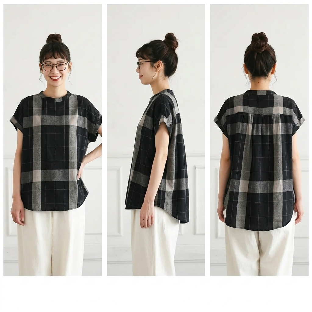 ラ綿麻 ウンドネック チェック柄 ノースリーブ Tシャツ