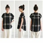ラ綿麻 ウンドネック チェック柄 ノースリーブ Tシャツ