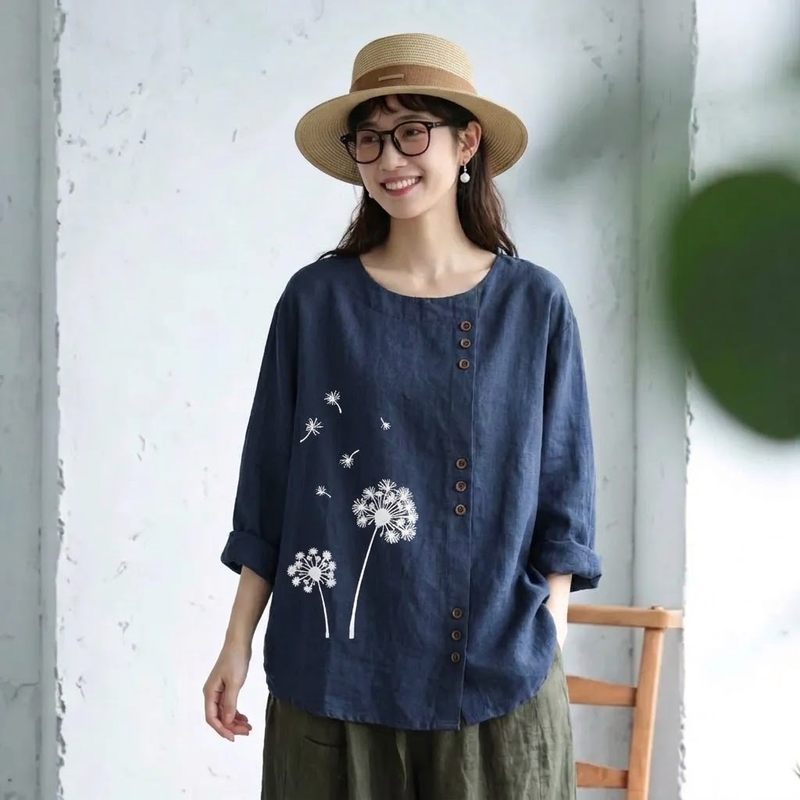 綿麻混 配色切替 プリント長袖ブラウス