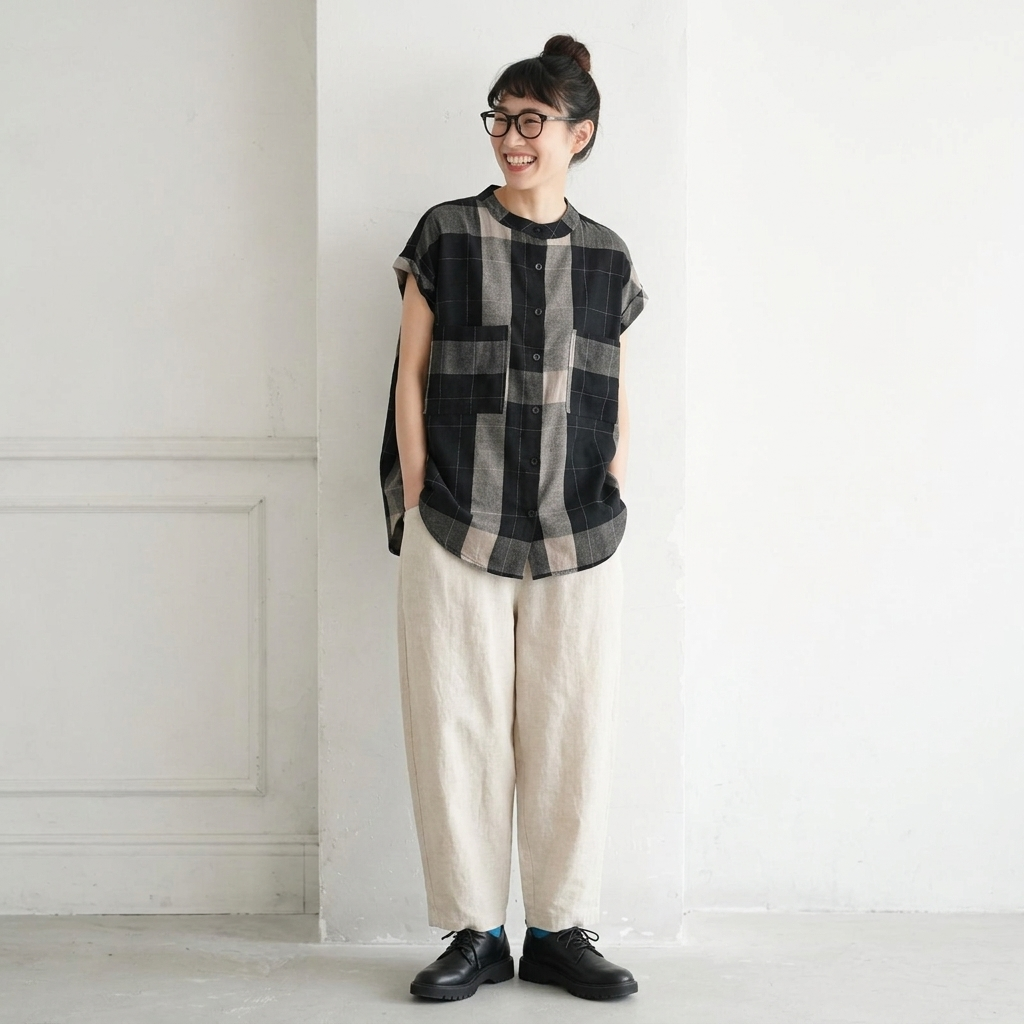 ラ綿麻 ウンドネック チェック柄 ノースリーブ Tシャツ
