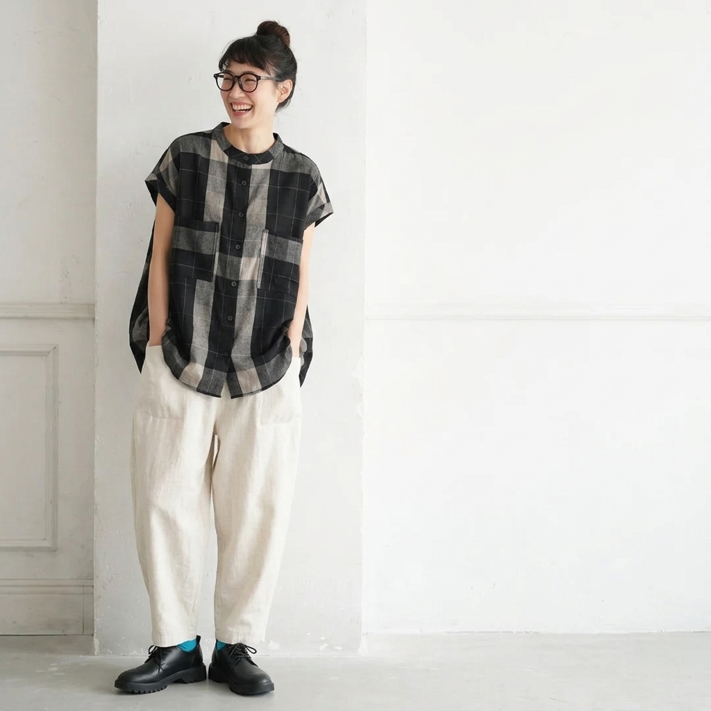 ラ綿麻 ウンドネック チェック柄 ノースリーブ Tシャツ