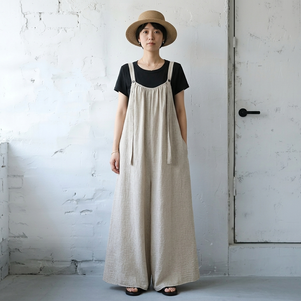 綿麻 ワイドシルエット サロペット M-4XL