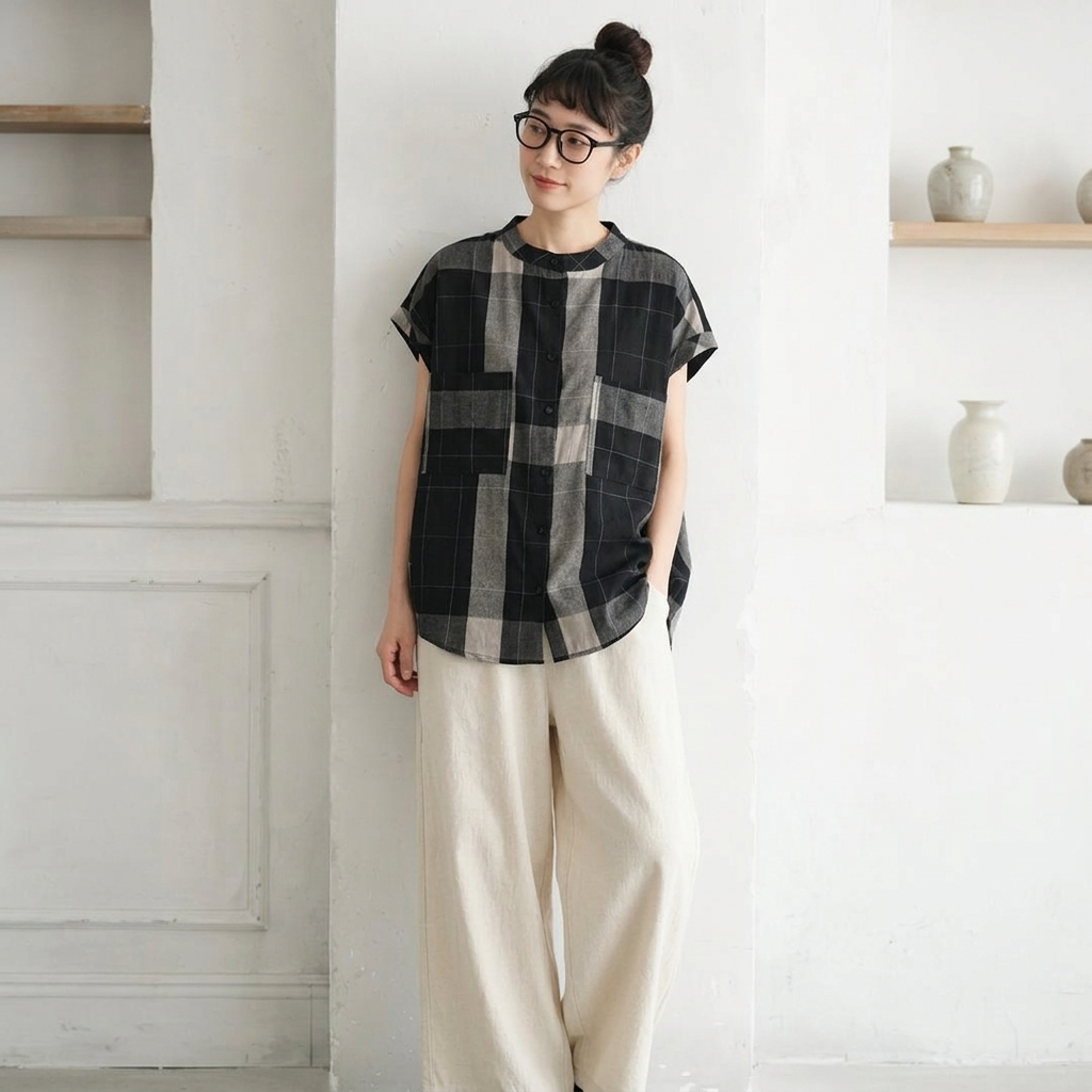ラ綿麻 ウンドネック チェック柄 ノースリーブ Tシャツ