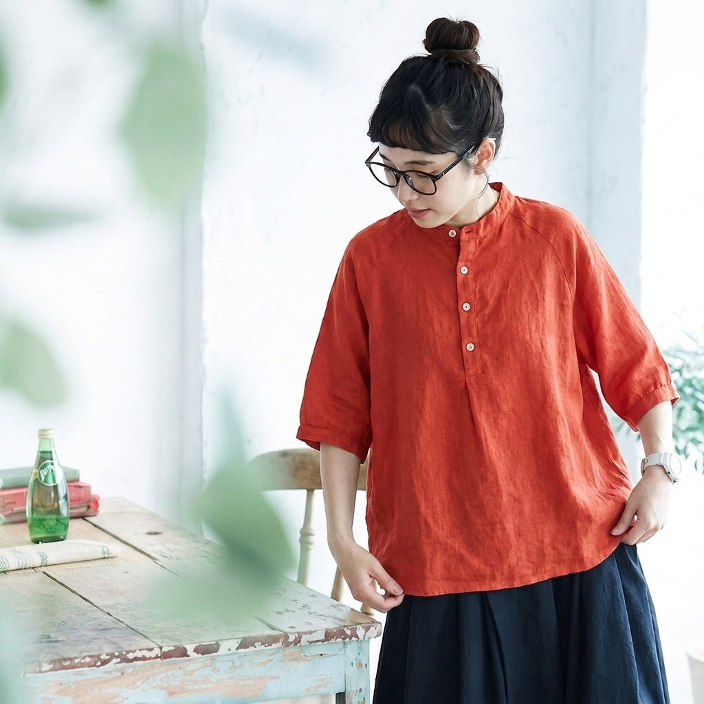 M～4XL レトロ ボタン ポケット付き スタンドネック シャツ