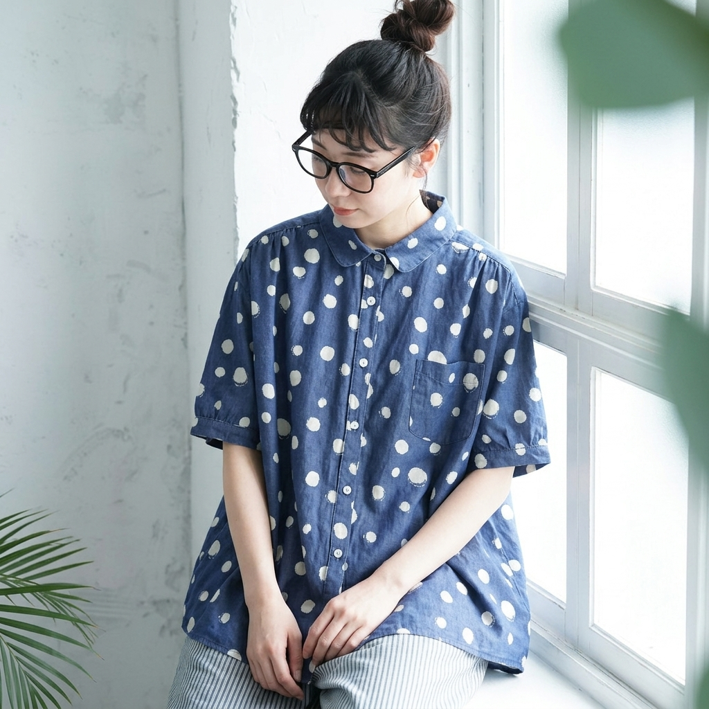 M～4XL ドット柄 折り襟 ボタン開き ビッグシルエット