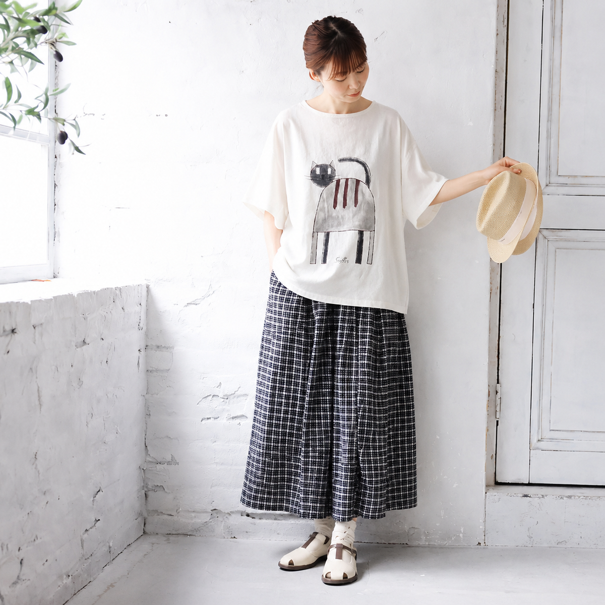 綿麻 ラウンドネック プリント プルオーバー 半袖 猫柄 Tシャツ