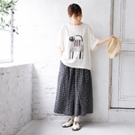 綿麻 ラウンドネック プリント プルオーバー 半袖 猫柄 Tシャツ