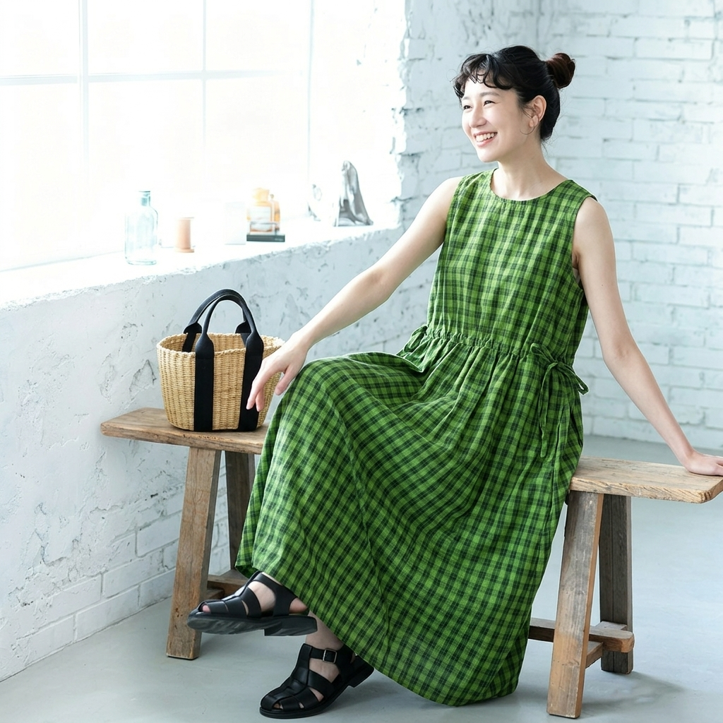 綿麻 ノースリーブ チェック柄 Aライン ラウンドネック キャミワンピース