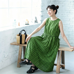 綿麻 ノースリーブ チェック柄 Aライン ラウンドネック キャミワンピース