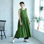 綿麻 ノースリーブ チェック柄 Aライン ラウンドネック キャミワンピース