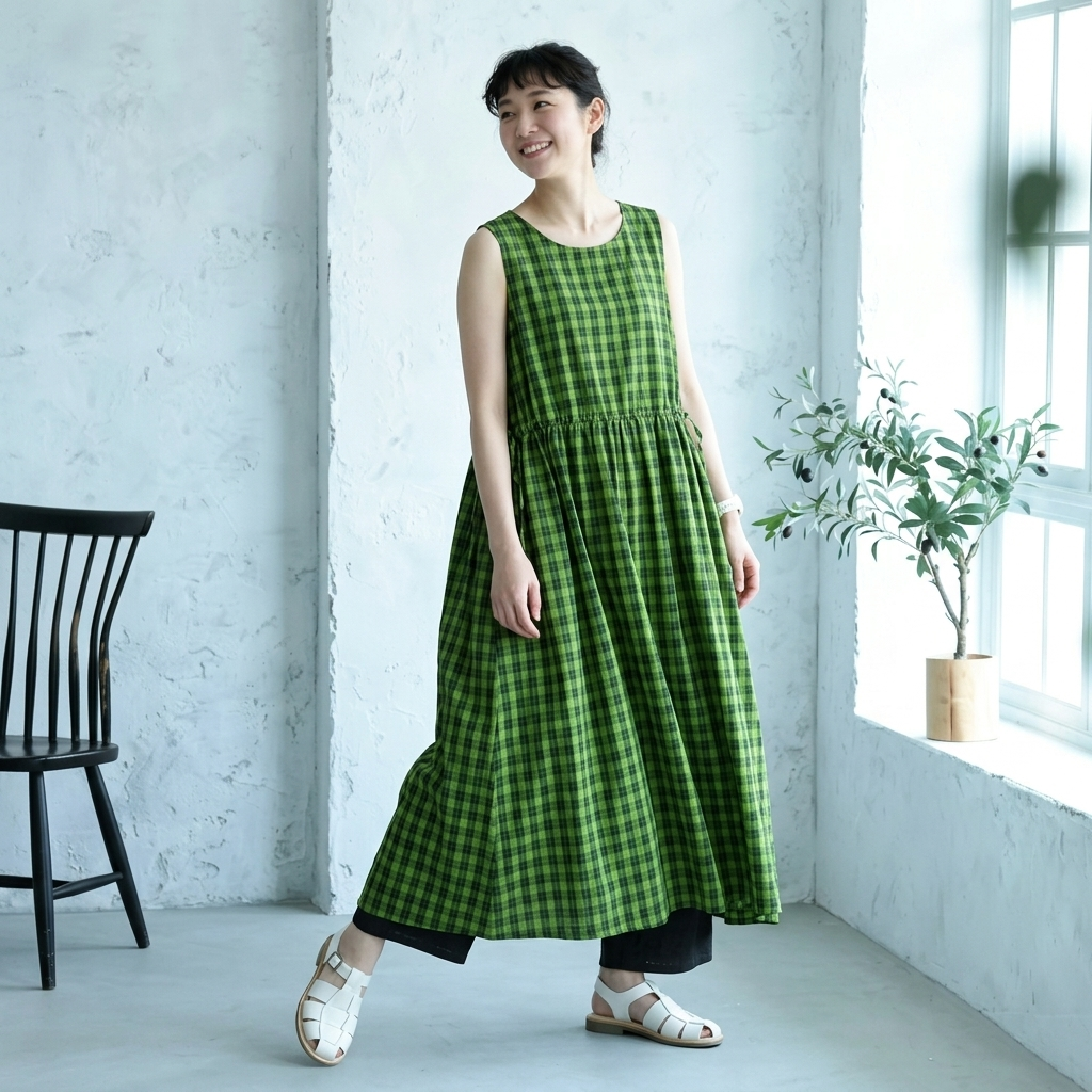 綿麻 ノースリーブ チェック柄 Aライン ラウンドネック キャミワンピース