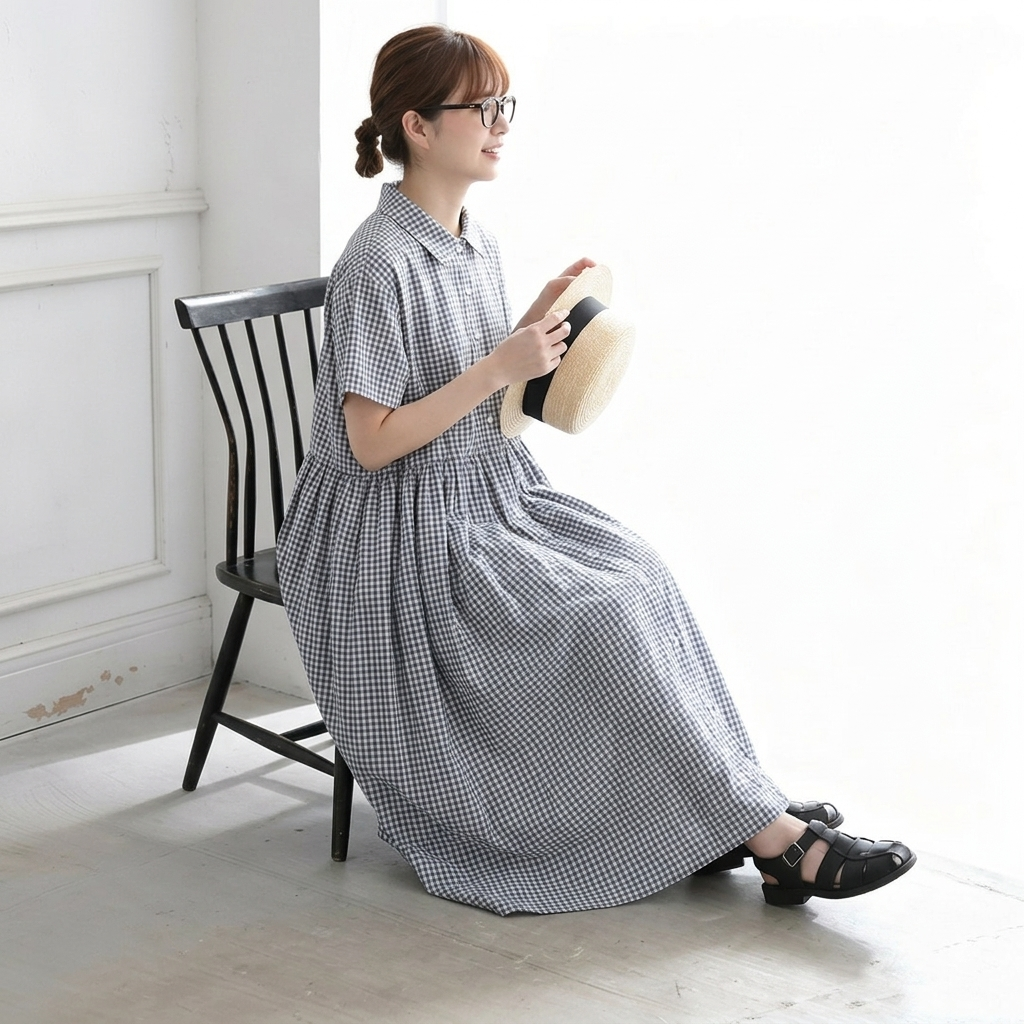 綿麻 ポロカラー チェック柄