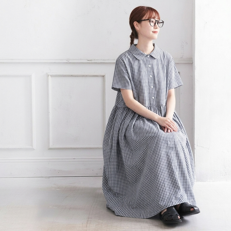 綿麻 ポロカラー チェック柄