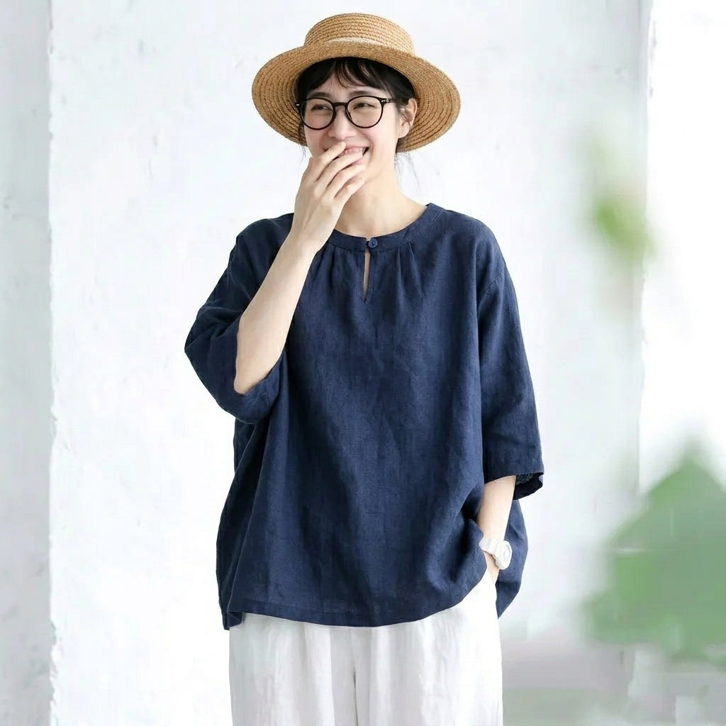 M～4XL 綿麻 無地 半袖 ラウンドネック ボタン シャツ