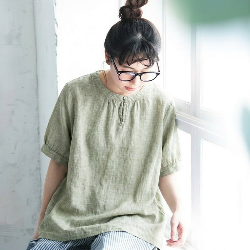 M～4XL 綿麻 無地 半袖 ラウンドネック ボタン シャツ