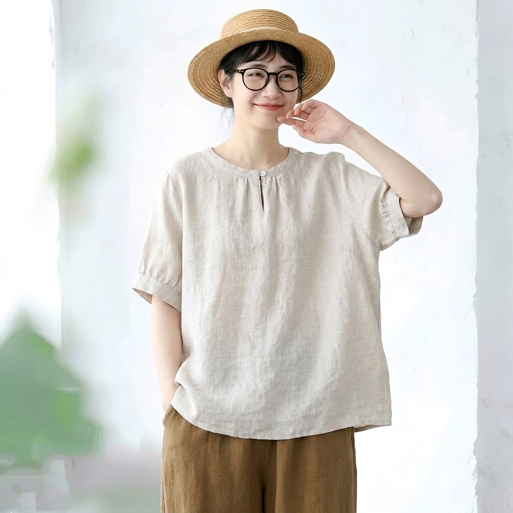 M～4XL 綿麻 無地 半袖 ラウンドネック ボタン シャツ