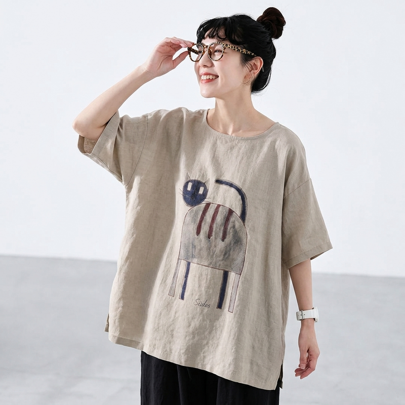 綿麻 ラウンドネック プリント プルオーバー 半袖 猫柄 Tシャツ