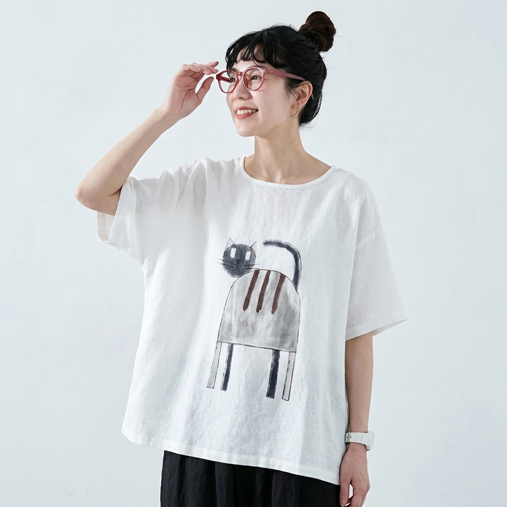 綿麻 ラウンドネック プリント プルオーバー 半袖 猫柄 Tシャツ