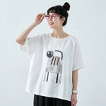 綿麻 ラウンドネック プリント プルオーバー 半袖 猫柄 Tシャツ