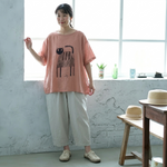 綿麻 ラウンドネック プリント プルオーバー 半袖 猫柄 Tシャツ
