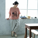 綿麻 ラウンドネック プリント プルオーバー 半袖 猫柄 Tシャツ