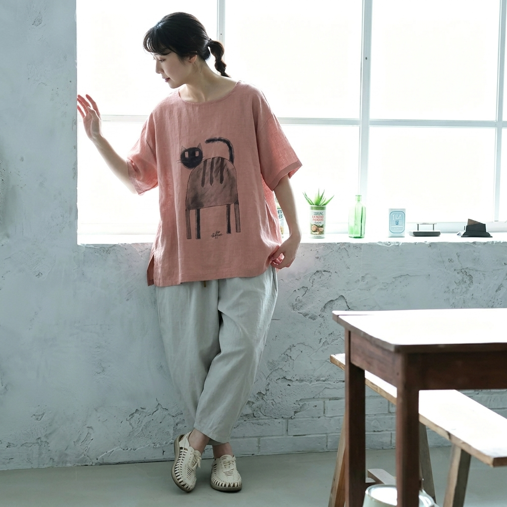 綿麻 ラウンドネック プリント プルオーバー 半袖 猫柄 Tシャツ