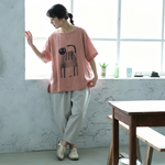綿麻 ラウンドネック プリント プルオーバー 半袖 猫柄 Tシャツ