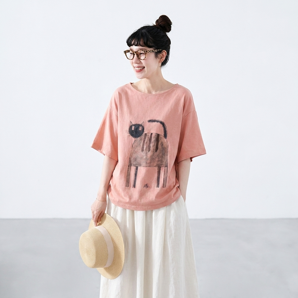 綿麻 ラウンドネック プリント プルオーバー 半袖 猫柄 Tシャツ