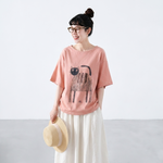 綿麻 ラウンドネック プリント プルオーバー 半袖 猫柄 Tシャツ