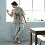 綿麻 ラウンドネック プリント プルオーバー 半袖 猫柄 Tシャツ