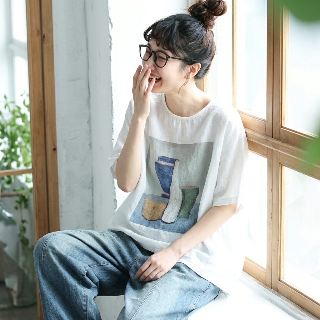 綿麻 プリント ラウンドネック レトロ Tシャツ