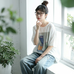 綿麻 プリント ラウンドネック レトロ Tシャツ