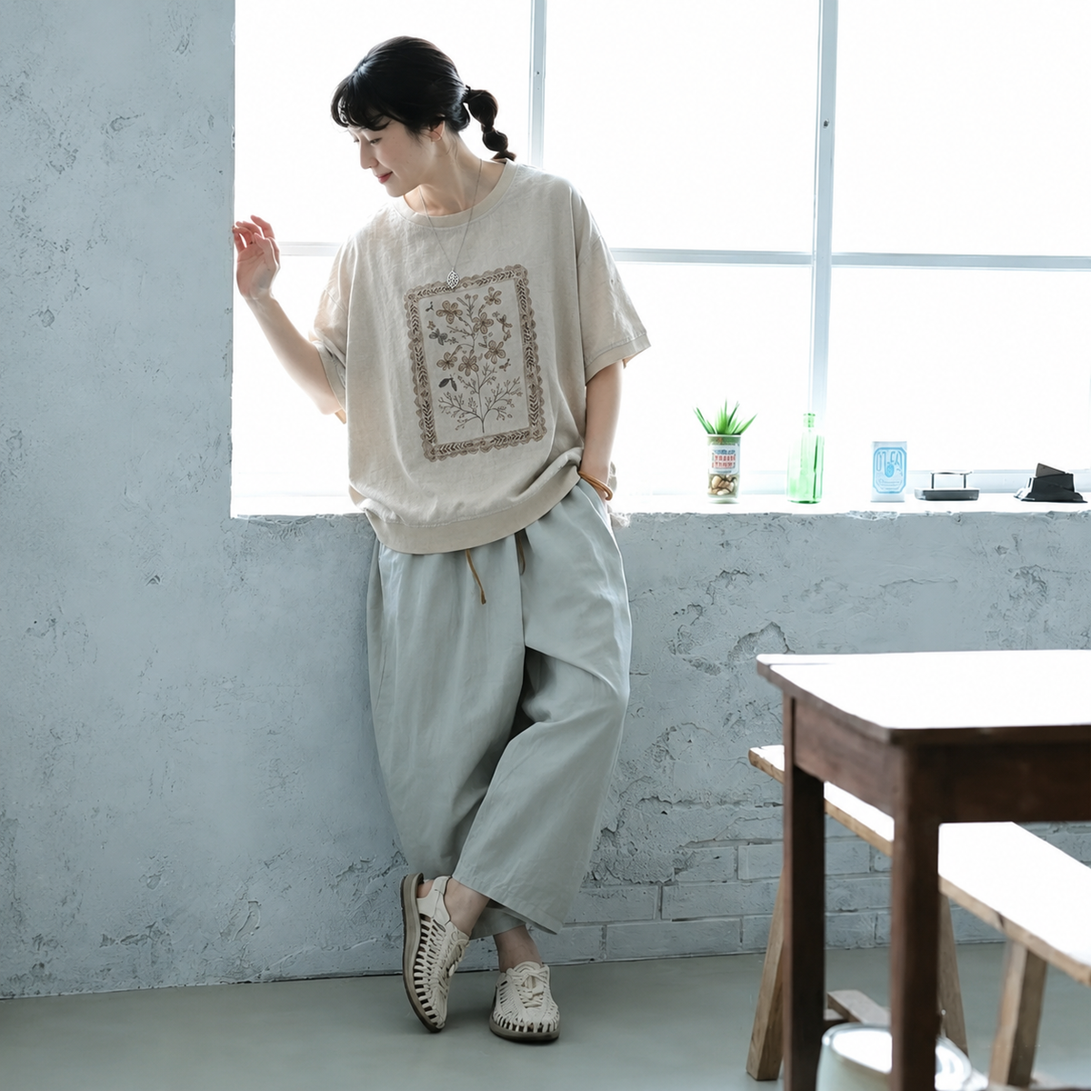 プリント コットン混 半袖Tシャツ ルーズ