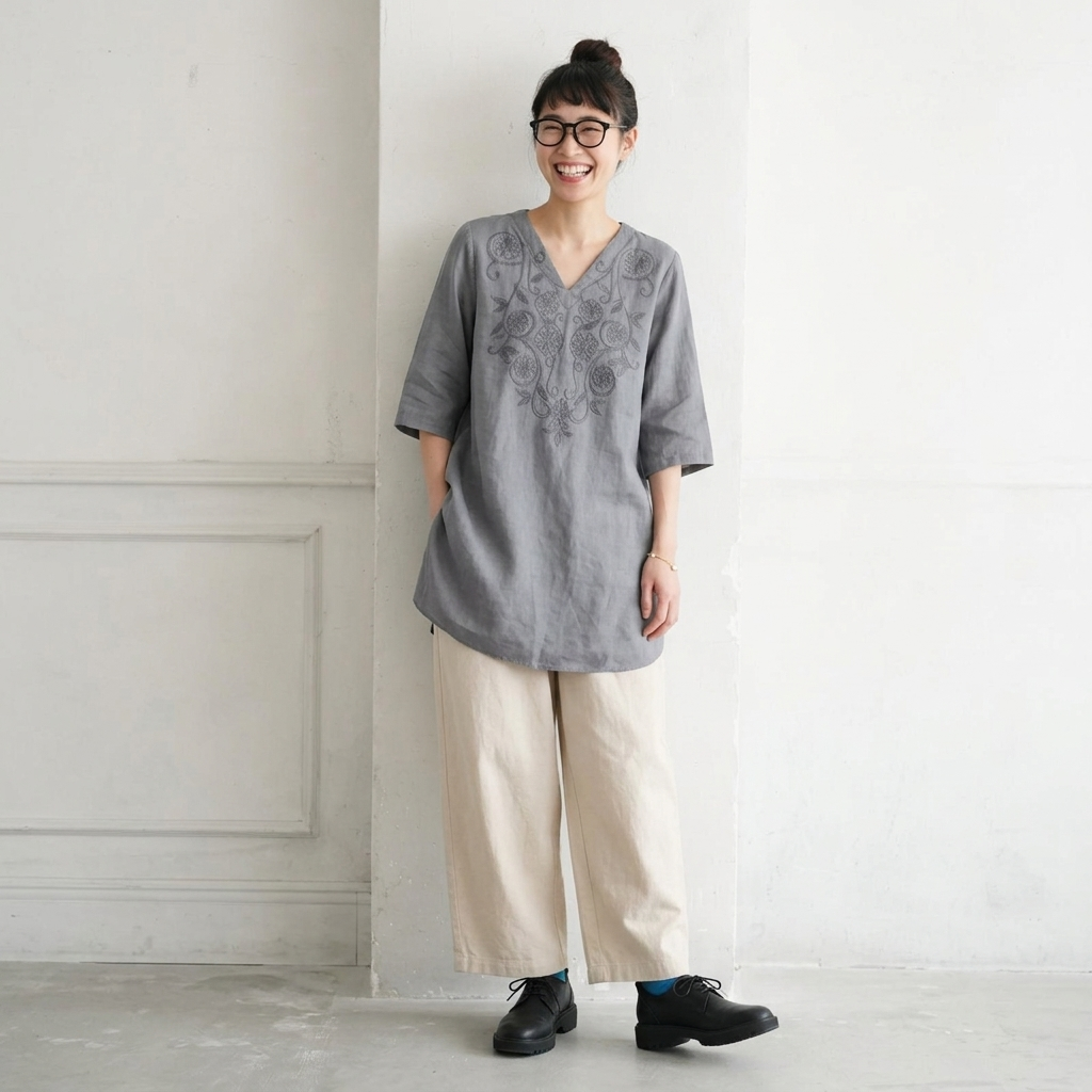 M-4XL 綿麻 刺繍 Vネック 半袖 ミディアム丈 チュニック