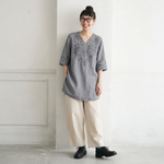 M-4XL 綿麻 刺繍 Vネック 半袖 ミディアム丈 チュニック