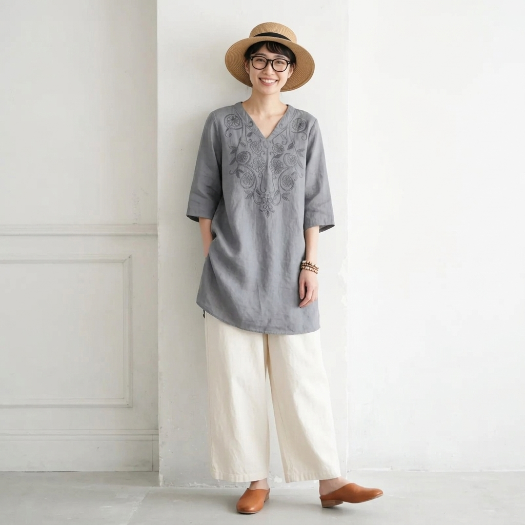 M-4XL 綿麻 刺繍 Vネック 半袖 ミディアム丈 チュニック