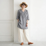 M-4XL 綿麻 刺繍 Vネック 半袖 ミディアム丈 チュニック