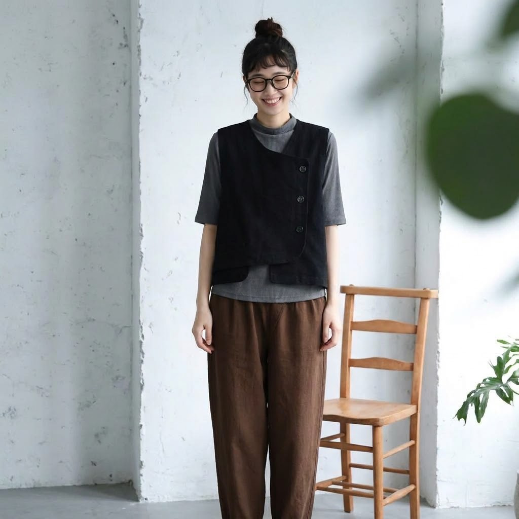 こういうの、なんか好き。アシンメトリー ボタン ノースリーブ レトロ ベスト