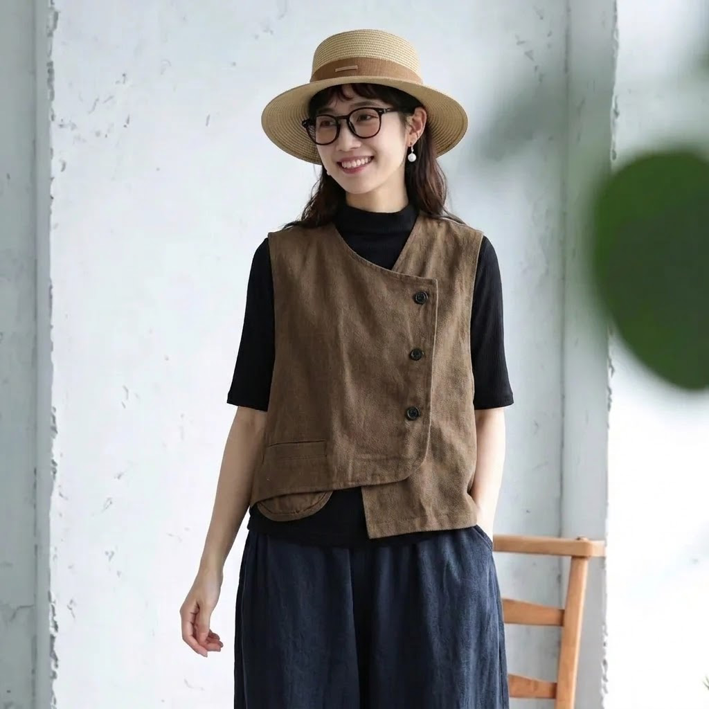 こういうの、なんか好き。アシンメトリー ボタン ノースリーブ レトロ ベスト