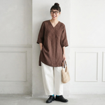 M-4XL 綿麻 刺繍 Vネック 半袖 ミディアム丈 チュニック