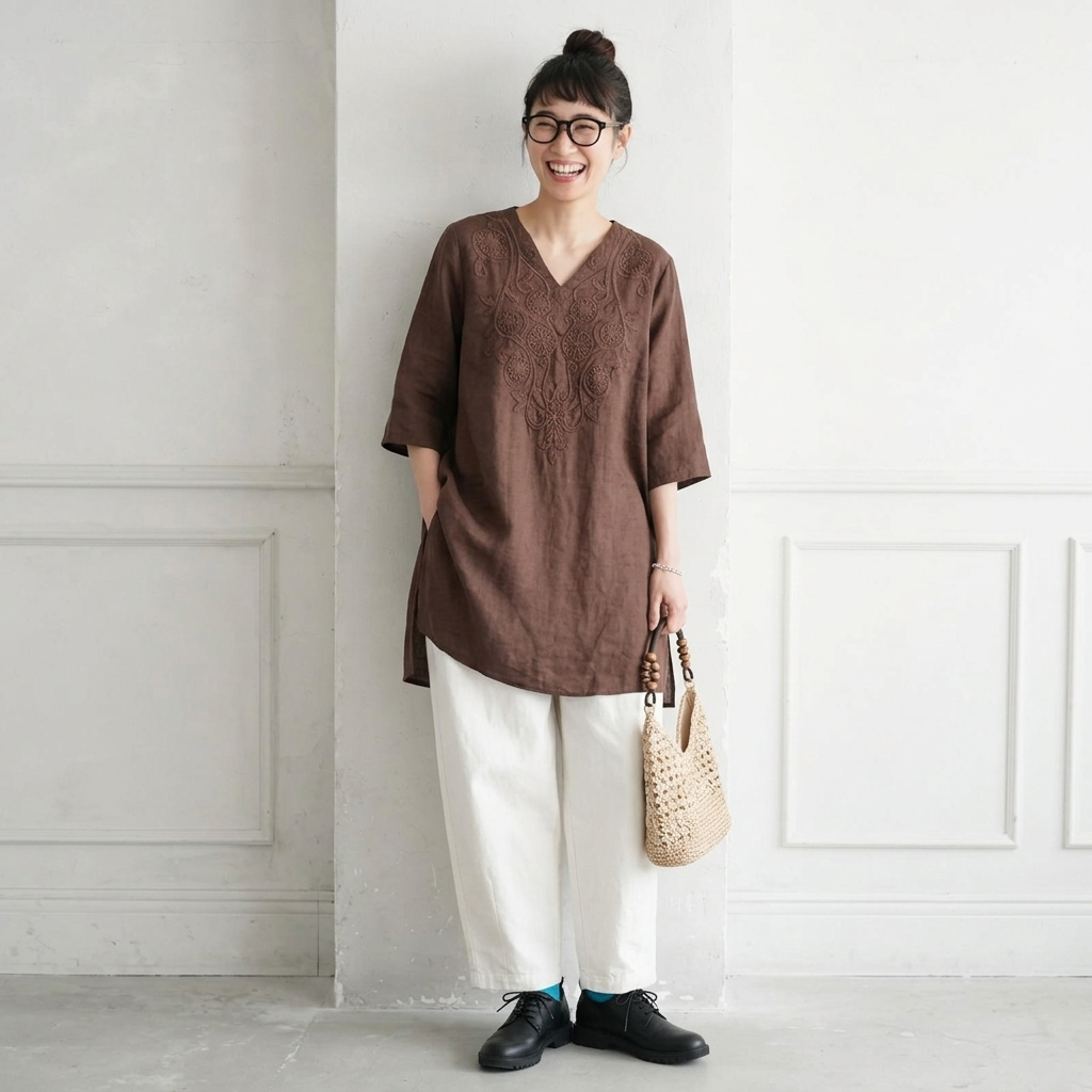 M-4XL 綿麻 刺繍 Vネック 半袖 ミディアム丈 チュニック