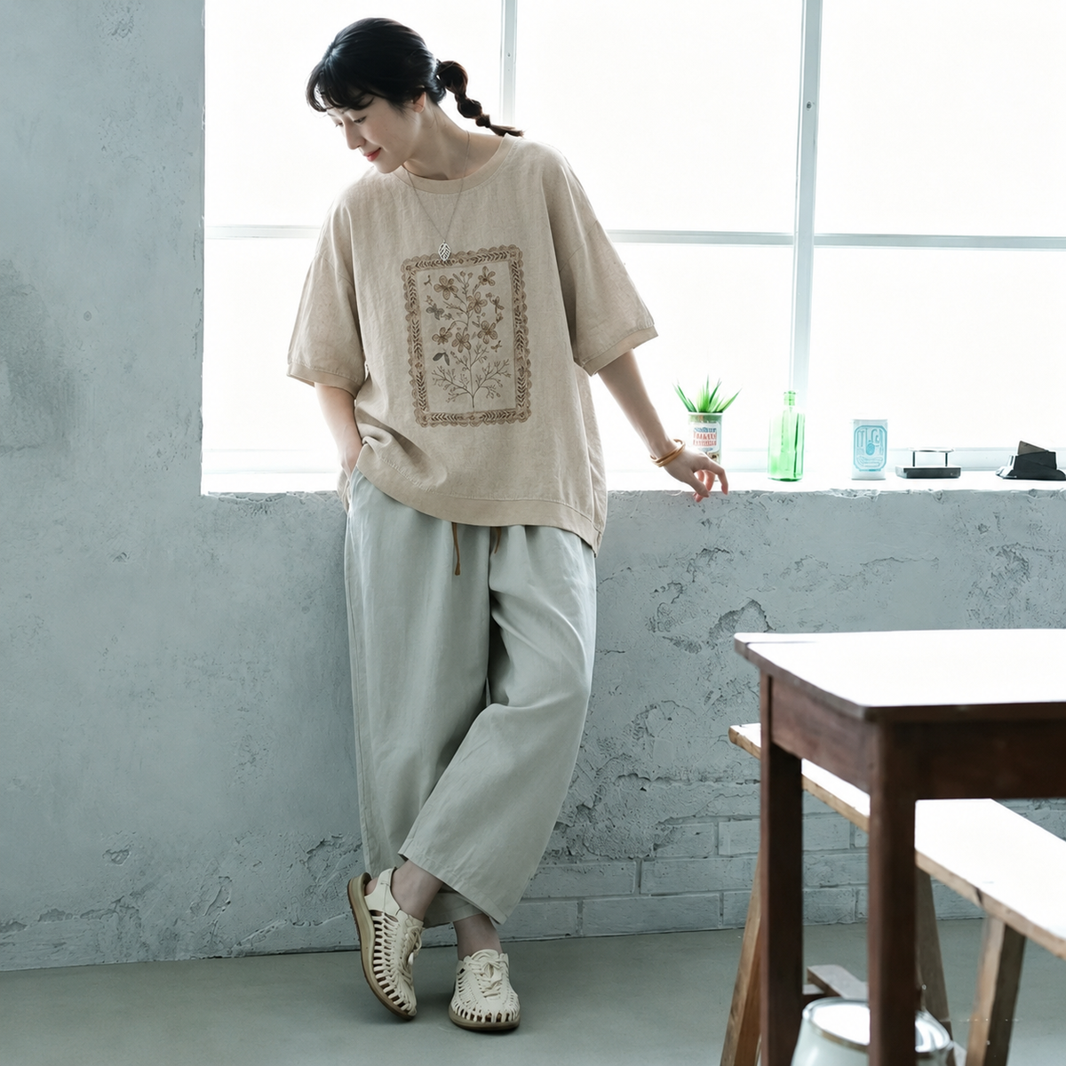 プリント コットン混 半袖Tシャツ ルーズ