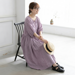 薄紫リボン襟バルーンスリーブリネンワンピ｜山間茶室・朝の抹茶ティータイムに