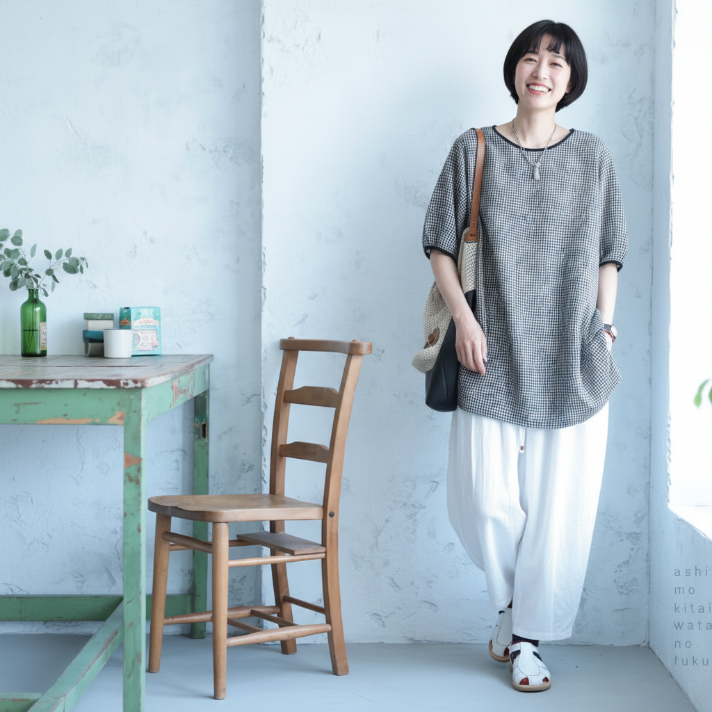 白黒チェック ゆったりチュニック 風通し良く ピクニックや散歩に