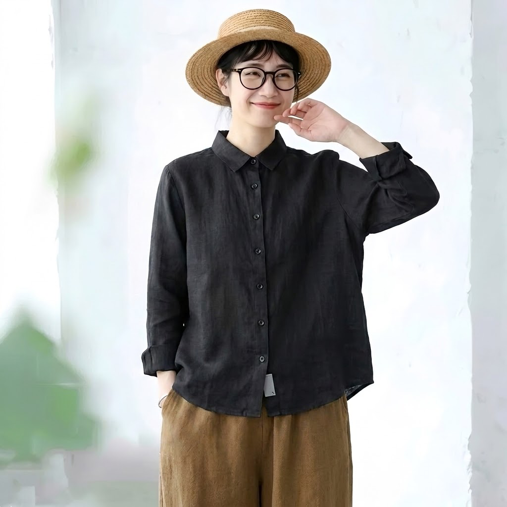 レトロ 襟付き ロングスリーブ シャツ