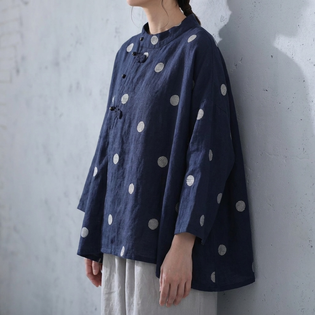 リネン×コットン混 ドット刺繍 ブラウス
